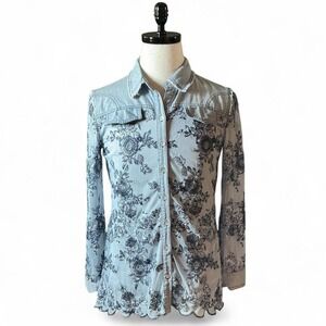 REBA Floral Embroidered Denim Button Up Shirt Long Sleeve Sheer Women's